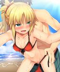  1girl bangs bare_shoulders beach bikini bikini_bottom_removed blonde_hair blue_sky blush breasts cum cum_in_pussy day eyebrows_visible_through_hair fang fate/apocrypha fate/grand_order fate_(series) front-tie_bikini front-tie_top green_eyes hetero male_swimwear marimo_danshaku mordred_(fate)_(all) mordred_(swimsuit_rider)_(fate) ocean outdoors ponytail pussy red_bikini sex short_hair sky small_breasts smile solo_focus standing_sex sweat swim_trunks swimsuit swimwear untied vaginal water 