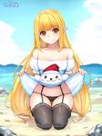  artist_name beach black_legwear blonde_hair blush breasts closed_mouth collarbone day dungeon_and_fighter eyebrows_visible_through_hair garter_straps large_breasts long_hair looking_at_viewer mage_(dungeon_and_fighter) pointy_ears red_eyes seiza shaojiang sitting smile solo thighhighs 