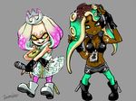  2017 beauty_mark boots cephalopod clothing crown dark_skin dress duo female fingerless_gloves footwear gloves green_eyes hair headphones humanoid inkling izumi000 jacket marina_(splatoon) marine mask nintendo not_furry octoling octopus pearl_(splatoon) short_hair signature splatoon squid tentacle_hair tentacles video_games yellow_eyes 