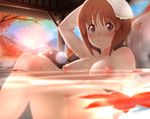  1girl bare_shoulders breasts brown_eyes brown_hair hot_springs large_breasts looking_at_viewer nipples nude outdoors smile solo towel water 