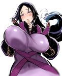  blush bodysuit bouncing_breasts breasts covered_navel fate_(series) fingers_together huge_breasts long_hair looking_at_viewer minamoto_no_raikou_(fate/grand_order) nito_(siccarol) parted_lips purple_eyes purple_hair simple_background solo unaligned_breasts white_background 