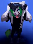  4_toes 5_fingers anthro black_lips blue_background blue_eyes canine digitigrade fox fur grey_fur kero_tzuki looking_at_viewer male mammal open_mouth simple_background smile solo teeth toes tongue 