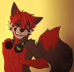  2015 5_fingers anthro black_lips black_nose canine fox hair headphones kero_tzuki male mammal red_eyes red_hair simple_background smile solo teeth 