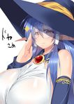  adjusting_eyewear blue_hair breasts detached_sleeves gem gigantic_breasts glasses hat highres light_smile looking_at_viewer original pointy_ears red_eyes rei_shabu simple_background solo sparkle translation_request white_background witch_hat 