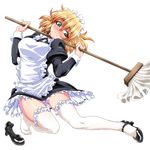  alternate_costume apron blonde_hair blush breasts commentary_request enmaided frilled_apron frilled_legwear frills full_body green_eyes large_breasts maid maid_apron maid_headdress mary_janes mizuhashi_parsee mop ootsuki_wataru pointy_ears puffy_sleeves shoes short_hair single_shoe solo thighhighs touhou transparent_background twitter white_legwear 