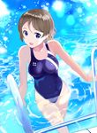  blue_eyes blue_swimsuit breasts brown_hair climbing_ladder collarbone competition_swimsuit cowboy_shot hinomoto_souya looking_at_viewer love_live! love_live!_sunshine!! medium_breasts one-piece_swimsuit open_mouth pool_ladder short_hair solo swimsuit thighs wading watanabe_you water 