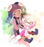  2017 beauty_mark boots cephalopod clothing crown dark_skin dress duo female fingerless_gloves footwear gloves green_eyes hair happy headphones hi_res humanoid inkling jacket marina_(splatoon) marine mask navel nintendo not_furry octoling octopus pearl_(splatoon) short_hair sitting smile splatoon squid tentacle_hair tentacles video_games yellow_eyes 雨玉雨飴 