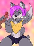  anthro anuv balls blush breasts bulge canine clothing cum cum_in_mouth cum_inside cum_string dickgirl dickgirl/male disembodied_penis duo erection hi_res intersex intersex/male male mammal penis small_breasts thefuckingdevil tight_clothing wiping_mouth 