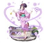  :d ahoge full_body hairband holding japanese_clothes kimono leg_up looking_at_viewer obi official_art open_mouth pink_kimono pointy_ears purple_hair red_eyes red_hairband sash sidelocks simple_background smile solo sword_art_online sword_art_online:_code_register walking white_background yukata yuuki_(sao) 