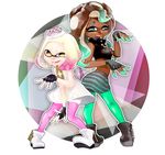  2017 beauty_mark boots cephalopod clothing crown dark_skin dress duo female fingerless_gloves footwear gloves green_eyes hair humanoid inkling jacket marina_(splatoon) marine mask nintendo not_furry octoling octopus pearl_(splatoon) short_hair splatoon squid tentacle_hair tentacles video_games yellow_eyes 黄身々 