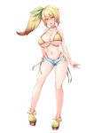  1girl bikini blonde_hair bluespice blush breasts cleavage collarbone curvy female hair_ornament hair_ribbon highres huge_breasts long_hair looking_at_viewer nail_polish navel purple_eyes ribbon side_ponytail solo swimsuit thighs underboob wide_hips yellow_bikini yellow_swimsuit 