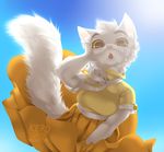  2015 anthro breasts cat clothed clothing day eyebrows feline female fluffy fluffy_tail fur hair kero_tzuki mammal outside pink_nose sky solo sun whiskers white_fur white_hair yellow_eyes 