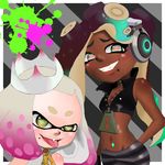  2017 beauty_mark cephalopod clothing crown dark_skin duo fangs female green_eyes hair headphones humanoid inkling jacket marina_(splatoon) marine mask nintendo not_furry octoling octopus pearl_(splatoon) short_hair splatoon squid tentacle_hair tentacles video_games yellow_eyes かむろ 