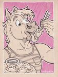  2017 abstract_background anthro chewycuticle chopsticks clothed clothing dumplings eating equine food horse male mammal pink_background shirt simple_background solo tongue tongue_out traditional_media_(artwork) 