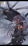  404_logo_(girls_frontline) aircraft armband brown_eyes brown_hair closed_mouth copyright_name cowboy_shot fingerless_gloves flashlight foregrip girls_frontline gloves gun h&amp;k_ump heckler_&amp;_koch helicopter highres hood jacket litra_(ltr0312) long_hair looking_to_the_side outdoors profile scar scar_across_eye sling snow solo standing submachine_gun suppressor twintails ump45_(girls_frontline) weapon 