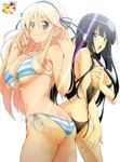  2girls ass bikini black_bikini black_hair blonde_hair blue_eyes blush breasts butt_crack cleavage hair_ribbon ikaruga_(senran_kagura) katsuragi_(senran_kagura) large_breasts multiple_girls senran_kagura smile striped_bikini swimsuit white_background 