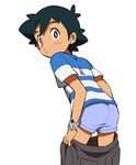  black_hair boxers bright_pupils brown_eyes cowboy_shot djmn_c dressing from_behind looking_at_viewer looking_back male_focus male_underwear pokemon pokemon_(anime) pokemon_sm_(anime) satoshi_(pokemon) shirt simple_background solo striped striped_shirt t-shirt underwear whisker_markings white_background z-ring 