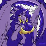  2015 anthro breasts cleavage clothed clothing dragon eyebrows eyelashes feathered_wings feathers female hair hand_on_breast hand_on_hip kero_tzuki purple_feathers purple_hair smile standing wings yellow_eyes yellow_tongue 