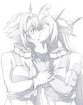  !! 2girls bare_shoulders blush breasts choker cleavage closed_eyes collarbone commentary_request elbow_gloves eyebrows_visible_through_hair gloves greyscale hair_between_eyes hand_on_another's_arm headgear highres kantai_collection kiss large_breasts long_hair midriff monochrome multiple_girls mutsu_(kantai_collection) nagato_(kantai_collection) navel short_hair simple_background sleeveless spoken_exclamation_mark upper_body white_background yoxtut yuri 