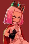  arm_at_side bare_arms cape closed_mouth commentary_request crown darandy domino_mask explosion fingerless_gloves gloves hand_up high_collar highres hime_(splatoon) holding holding_microphone jacket jewelry looking_at_viewer mask medium_hair microphone mole mole_under_mouth pink_hair sleeveless sleeveless_jacket solo sparkle splatoon_(series) splatoon_2 tentacle_hair upper_body yellow_eyes zipper zipper_pull_tab 
