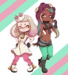  2017 beauty_mark boots cephalopod clothing crown dark_skin dress duo female fingerless_gloves footwear gloves green_eyes hair headphones humanoid inkling jacket marina_(splatoon) marine mask nintendo not_furry octoling octopus pearl_(splatoon) short_hair splatoon squid tentacle_hair tentacles video_games yellow_eyes あにゃぱん 