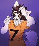  2015 5_fingers amber_eyes anthro black_lips canine clothed clothing dog fur kero_tzuki male mammal purple_background simple_background solo standing teeth white_fur 