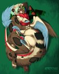  2015 anthro blue_feathers day digitigrade dragon duo feathers feline feral grass greyfur hair kero_tzuki leopard lying mammal outside pawpads red_hair smile 