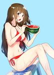  :o akagi_(kantai_collection) amami_amayu bikini blue_background blush breasts brown_eyes brown_hair cleavage dutch_angle eating eyebrows_visible_through_hair food food_on_face from_side front-tie_bikini front-tie_top fruit kantai_collection large_breasts long_hair looking_at_viewer navel red_bikini side-tie_bikini simple_background sitting solo swimsuit watermelon wet 