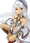  altera_(fate) bandeau bangs bare_shoulders black_legwear breasts closed_mouth commentary_request dark_skin detached_sleeves fate/extella fate/extra fate_(series) hanamuke highres indian_style kneehighs long_hair looking_at_viewer microskirt midriff navel red_eyes simple_background sitting skirt small_breasts smile solo tattoo veil white_background white_hair white_skirt 