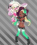  2017 beauty_mark boots cephalopod clothing crown dark_skin dress duo female fingerless_gloves footwear gloves green_eyes hair headphones humanoid inkling jacket marina_(splatoon) marine mask nintendo not_furry octoling octopus one_eye_closed pearl_(splatoon) short_hair splatoon squid tentacle_hair tentacles video_games wink yellow_eyes ガラ＠修行中 