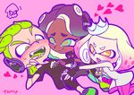  &lt;3 2017 beauty_mark blush boots cephalopod clothing crown dark_skin dress duo fangs female fingerless_gloves footwear gloves green_eyes group hair headphones humanoid inkling jacket male marina_(splatoon) marine mask nervous nintendo not_furry octoling octopus orange_eyes pearl_(splatoon) short_hair smile splatoon squid tentacle_hair tentacles video_games ｔａｍ＋&alpha; 