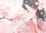  black_hair cherry_blossoms closed_eyes flower hair_flower hair_ornament idolmaster idolmaster_cinderella_girls japanese_clothes kimono kobayakawa_sae long_hair miyabi_akino parted_lips solo 