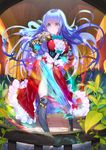  :&gt; aqua_bow aqua_eyes aqua_flower aqua_rose arch bad_id bad_pixiv_id bow breasts breeches bridge bush center_frills corset crystal_sword dress filigree fire flame flower garden gauntlets glowing gold_trim greaves highres holding holding_sword holding_weapon ivy kimjunho large_breasts leaf long_hair original outdoors pauldrons pillar plant railing red_dress rose solo spread_fingers sword underbust v-shaped_eyebrows very_long_hair weapon 