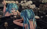  aqua_hair artist_name barefoot bath bathtub blue_eyes bracelet candle feet flower hatsune_miku highres jewelry long_hair lying mirror nude on_stomach reflection smile soles solo takepon1123 the_pose twintails vocaloid watch water 