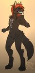  2015 4_toes anthro black_fur black_lips brown_nose canine claws digitigrade fur grimace hair inner_ear_fluff kero_tzuki mammal markings multicolored_hair navel neck_tuft orange_hair showing_teeth simple_background solo standing teeth toe_claws toes tuft two_tone_hair wolf 