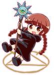  blush braid brown_eyes brown_hair chibi eyebrows_visible_through_hair full_body holding holding_staff kukuri long_hair looking_at_viewer mahoujin_guruguru naga_u open_mouth smile solo staff twin_braids 