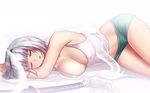  areolae bangs bare_arms bare_legs black_ribbon bow boyshorts breasts cleavage closed_eyes commentary covered_nipples eyebrows hair_bow hair_ribbon hater_(hatater) highres konpaku_youmu konpaku_youmu_(ghost) large_breasts lying on_side ribbon silver_hair simple_background sleeping solo sword tank_top touhou weapon white_background 