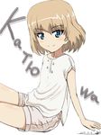  arm_support artist_name bangs bukkuri casual character_name closed_mouth cyrillic dated eyebrows_visible_through_hair from_side girls_und_panzer invisible_chair katyusha leaning_back light_smile looking_at_viewer shirt short_hair short_shorts short_sleeves shorts signature simple_background sitting solo white_background white_shirt white_shorts 