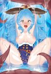  absurdres animal_ears armpits arms_up belt blue_hair blurry blush bound bound_wrists breasts breasts_apart brown_eyes bunny_ears clothes_around_waist cuffs curly_hair depth_of_field dripping drooling earrings ferry_(granblue_fantasy) granblue_fantasy handcuffs highres in_water jewelry kimjunho legs long_hair medium_breasts nipples open_mouth shiny shiny_skin shirt_around_waist sitting solo spread_legs tentacles thighs 
