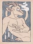  2017 abstract_background anthro candle caprine chewycuticle goat horn male mammal nipples nude pupilless_eyes smoke solo traditional_media_(artwork) tyron_mhorr 