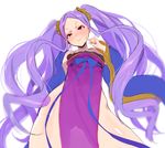  ass_visible_through_thighs blush bow chinese_clothes fate/grand_order fate_(series) finger_to_face hanfu long_hair long_sleeves looking_at_viewer looking_down nito_(siccarol) pelvic_curtain purple_hair red_eyes sash see-through solo thighs twintails very_long_hair wide_sleeves wu_zetian_(fate/grand_order) 