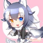  animal_ears black_hair blue_eyes blush breasts chibi cleavage commentary_request fang fur_collar gloves grey_wolf_(kemono_friends) heterochromia kemono_friends long_hair long_sleeves looking_at_viewer medium_breasts multicolored_hair necktie open_mouth pencil shibi skirt solo tail two-tone_hair wolf_ears wolf_tail yellow_eyes 