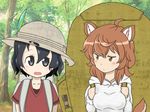  a-king ahoge animal_ears backpack bag black_eyes black_hair breasts brown_hair commentary crossover day dungeon_ni_deai_wo_motomeru_no_wa_machigatteiru_darou_ka flat_chest forest hair_between_eyes hat hat_feather helmet kaban_(kemono_friends) kemono_friends liliruca_arde looking_at_another medium_breasts multiple_girls nature open_mouth outdoors pith_helmet red_shirt shirt short_hair sweatdrop tail trait_connection tree upper_body yellow_eyes 