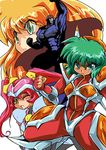  3girls amagi_hikaru arm_up armor blonde_hair blue_bodysuit bodysuit bow captain_toukyou chou_kousoku_grandoll clenched_hand crossover fingerless_gloves ginga_ojou-sama_densetsu_yuna gloves green_eyes green_hair hair_bow highres iczelion iczer_(series) kagurazaka_yuna kai_nagisa long_hair looking_at_viewer moldiver multiple_crossover multiple_girls muscle okuri_ookami one_eye_closed oozora_hiroshi pink_hair red_bodysuit short_hair twintails white_background yellow_bow 