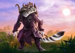  anthro armor arrow bow charr claws detailed_background fangs feline female flat_chested fluffy fluffy_tail fur grass guild_wars headband horn hounds-tooth leather leather_armor mammal mane multi_ear quiver sky solo star stripes sun tree video_games weapon white_fur 