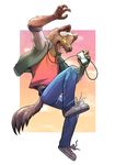  claws clothing footwear headphones hyena invalid_tag jacket jeans mammal open_mouth pants plantigrade shirt shoes simple_background smile yellow_sclera 