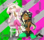  2017 beauty_mark boots breast_size_difference breasts cephalopod chair cleavage clothed clothing crown dark_skin dress duo eyebrows eyelashes female fingerless_gloves footwear gloves green_eyes hair headphones humanoid inkling jacket marina_(splatoon) marine mask nintendo not_furry octoling octopus pearl_(splatoon) short_hair sitting splatoon squid tentacle_hair tentacles video_games yellow_eyes ミルン@お仕事募集中 