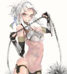  abs angry bare_shoulders chain detached_sleeves fate/grand_order fate_(series) fingerless_gloves flail gloves grey_eyes macaroni_tamago midriff morning_star navel panties penthesilea_(fate/grand_order) solo underwear weapon white_background white_hair 