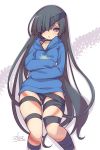  1girl black_hair black_ribbon blue_hoodie blush commentary_request eyepatch fate/grand_order fate_(series) fishnets hair_over_one_eye hood hoodie leotard_under_clothes long_hair looking_at_viewer mochizuki_chiyome_(fate/grand_order) open_mouth purple_eyes ribbon shiny shiny_hair shiny_skin signature simple_background solo standing stroma very_long_hair white_background 