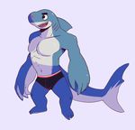  anthro bulge chibi clothed clothing fish male marine muscular open_mouth serex shark smile solo topless underwear 